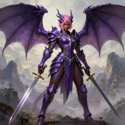 full portrait of a alluring dragon hunter, female, single character!!, intricate purple armor, dragon themed, ornamental, sprouting wings, dark brown skin, short pink hair, swords, battle pose, background filled with mountains, derriere pose, epic, highly detailed, extremely detailed face, high fantasy, digital painting, by artgerm and greg rutkowski and alphonse mucha, artstation