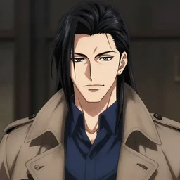 portrait illustration by shigenori soejima, handsome male vampire, focus on face, pretty, long black hair, dark blue shirt, light brown trenchcoat