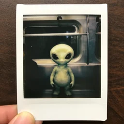 an aged polaroid photo of a cute little alien creature in a new york subway, gloomy, grainy