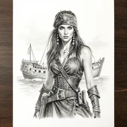 A beautiful female warrior, pirate ship deserted island faded background, realism pencil drawing on white paper, bald lines