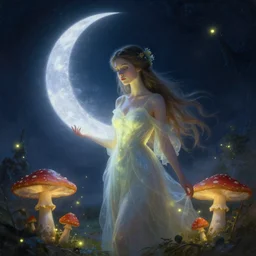 attractive, fairy, woman, in the night, fantasy, crescent moon in background, luminous, toadstools, fireflies, fantasy, mist, highly detailed painting by gaston bussiere, craig mullins, j. c. leyendecker, mid shot, 8 k realistic, sharp focus