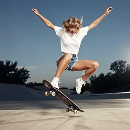 taylor swift dancing in the air riding a skateboard