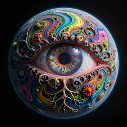 fractal with abstract designs deep colorful sphere, eye, concept art, nature, deep rivers, planet, fractals, intricate design, depth of field, roots, fluid simulation in houdini, dark background, subsurface scattering, vray octane render, cgsociety