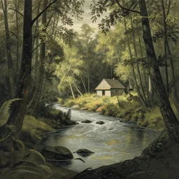 beautiful rotogravure of river in forest, fantasy, by gustave dore, small cabin