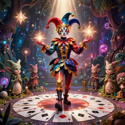 A psychedelic DMT Jester standing on a deck of cards is surrounded by DMT-Elves and Bright DMT Magic