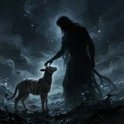 silhouette of a god creating a lamb and tiger, the background of a starry sky, hyper realism, mystery, scared, fantasy, dark, highly detailed, digital painting, concept art, sharp focus, illustration, epic light, artstation digital art painting, dream wave aesthetic, ethereal, epic