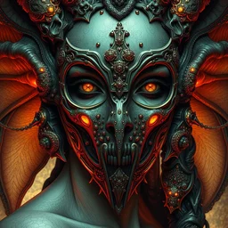 nymph portrait, face, wearing a carved mask with tiny mineral incrustations, godness, ethereal, mech, evil, elements, baroque, rococo, ink, tarot card enviromet, by marc simonetti & peter mohrbacher, cinematics lights, detailed, intricate illustration, octane render, fractal, fine art, golden