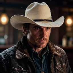 a cinematic headshot portrait of a cowboy rugged intense snow - covered, inside dark bar, bokeh glow, ultra realistic, dramatic lighting, by mike campau and annie leibovitz, 8 k hdr