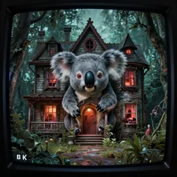 movie frame still from live action cursed house where a mad koala lives, 8 k, vhs glitch, old tv, ultra wide angle, zenith view, greg rutkowski, intrincate, highly detailed, ilm, oscar winning photography, grain, dramatic lighting, greg nicotero, horrifying movie, nightmare fuel, horror movie