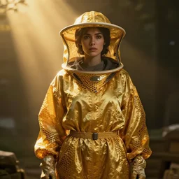 futuristic female beekeeper, wearing silky nanotech honeycomb robe, dramatic lighting, golden colors, light shaft, artstation, greg rutkowski