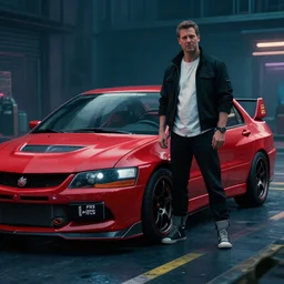 cyberpunk Street racer wearing white shirt and black jacket standing next to red Lancer Evolution X 2077 FRS GTR R35 S15 C3 scene from Bladerunner 2049 Roger Deakins Cinematography movie still 2017