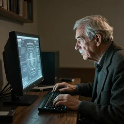 old man staring at a highly advanced computer , old photo , HD , 4k