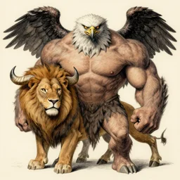 a mighty strong creature with the body and eyes of a man, with the beak of an eagle, the mane of a lion and the horns of an ox. drawn by boris val