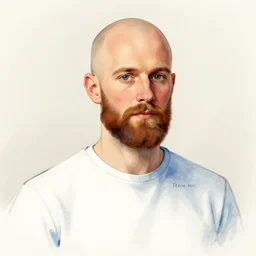 teemu pukki. 3 0 year old bald with beard. white and blue shirt. illustrated by albert edelfelt