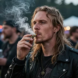 a photo of a finnish man smoking weed at a heavy metal festival
