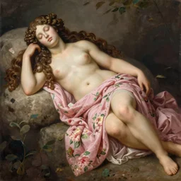 an hyperrealistic mythological oil painting of venus with long curly brown hair, full body, wearing pink floral chiton, sleeping in a giant scallop shell, near the seashore, intricate lines, elegant, renaissance style, by sandro botticelli and william waterhouse -