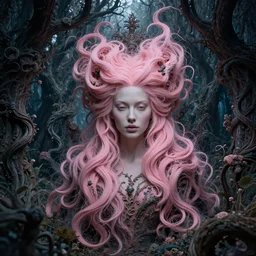 cinestill 5 0 d depht of field of a beautiful woman by roversi from a dream in a fantasy garden in a dark twisted forest, intricate details, epic scale, insanely complex, sharp focus, hyperrealism, pale pink matt, head in focus, sharp focus, caspar friedrich, greg rutowski, james gurney
