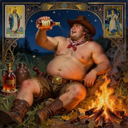 a dramatic, epic, ethereal painting of a !!!handsome!!! thicc chunky beefy mischievous shirtless with a big beer belly wearing a large belt and bandana offering a whiskey bottle | he is a !cowboy! relaxing by a campfire | background is a late night with food and jugs of whisky | homoerotic | stars, tarot card, art deco, art nouveau, intricate | by Mark Maggiori (((and Alphonse Mucha))) | trending on artstation