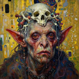 close up portrait of very ugly stinky goblin by irakli nadar with intricate detailed color smashing fluid oil paint and acrylic, headdress made of bones, melting wax, mycelia, abstract impressionism, ruan jia, fantasy, hyper detailed, concept art, by peter mohrbacher and gustav klimt