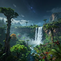 an alien landscape view, alien sky, star in the sky, alien waterfall, alien trees, alien colorful greenery, alien mountains, epic lighting, epic composition, 4 k, detailed, realistic