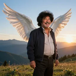 bob ross with wings, beatiful place, mountains in background, dynamic lighting, cinematic lighting, clear sky, sun set