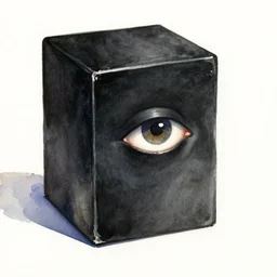 a watercolour pen light of a black box with an eye, vivid, painterly, ethereal, chiaroscuro, thick brushstrokes, ominous by alberto burri, tachisme