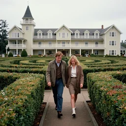photorealistic ultra wide cinematography of characters danny & wendy torrance from stanley kubrick's 1 9 8 0 film the shining, walking inside the hedge labyrinth outside overlook hotel shot on 3 5 mm eastman 5 2 4 7 film by the shining cinematographer john alcott shot on a wide kinoptik tegea 9. 8 mm lens. with golden ratio composition