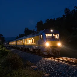 a train in beautiful landscape, at night, f / 1, 1 / 2 shutter speed, iso 1 6 0 0