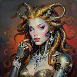 a beautiful painting lovely seductive steampunk medusa robot, jewelry, diamond jewelry. by ukiyo - e award - winning art, andy warhol color, ultra detailed, hyper realistic, 4 k, dramatic light, octane render