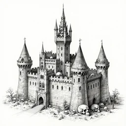 architectural drawing of castle made of skulls, black pen, technical, giger,