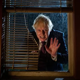a photo taken from the inside of an old house showing window blinds being pulled back to reveal a terrifying boris johnson with his face pressed against the window, boris ’ hand placed on the window, horrifying grin. horror, raining, night time