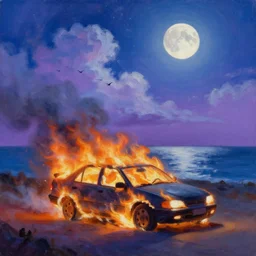 a beautiful painting of a burning car, art of alena aenami, featured on artstation, vertical orientation, paint brush strokes, expressionism, brushstroke - laden, breathtaking clouds, birds, ocean, beautiful stars, long exposure, big moon radius, airy midnight theme, blue purple gradient, lens flare