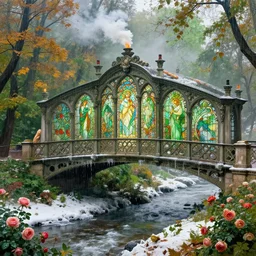 autumn in paris, ornate, baguette, beautiful, atmosphere, vibe, mist, smoke, fire, chimney, rain, wet, pristine, puddles, melting, dripping, snow, creek, lush, ice, bridge, green, stained glass, forest, roses, flowers, by stanley artgerm lau, greg rutkowski, thomas kindkade, alphonse mucha, loish, norman rockwell