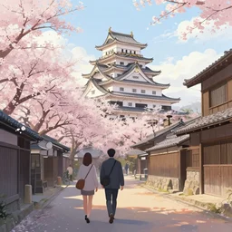 walking around obi castle town, miyazaki, japan. volumetric lighting, spring early morning, late afternoon, cherry blossom trees, nice weather, few clouds, realistic illustration, perfectly shaded, soft painting, art by krenz cushart and wenjun lin