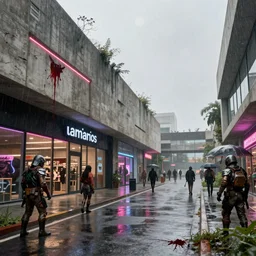 post apocalyptic shopping center, raining, building, avenue, modern contemporary urban americana concrete architecture, paved roads, by thomas kinkade, pascal blanche, greg rutkowski, shaddy safadi, neil blevins trending on artstation, photorealistic, neon ambiance, ultra detailed, high definition, depth of field, bokeh, wild vegetation, blood stains, crumbling, post - apocalyptic warriors