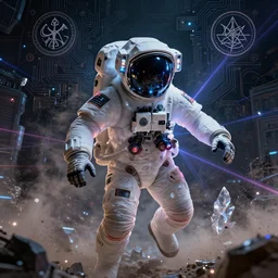 vampire astronaut, technology and magick, circuitry and sigils combined, photorealistic, royo, frazetta, leds, dust, laser light, crystalline shimmers, chaos, complexity, emergence,