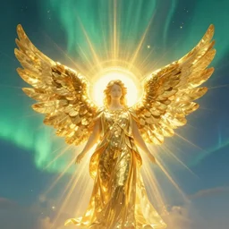 gigantic radiant shining golden angels silhouetted layered strongly into intense vivid aurora above space needle centered big sky film long exposure fuji wide angle national geographic