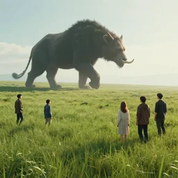 A endless beuatiful meadow with I giant nature creature walking in the distance by Greg Rutkowski, Sung Choi, Mitchell Mohrhauser, Maciej Kuciara, Johnson Ting, Maxim Verehin, Peter Konig, final fantasy , 8k photorealistic, cinematic lighting, HD, high details, atmospheric,