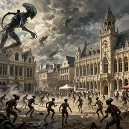 Alien invasion on Brussels, humans fleeing everywhere, hyperdetailed, artstation, cgsociety, by greg rutkowski, by Gustave Dore