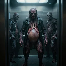in the dark elevator, a full body wet skin creature with glowing eyes, crawling humanoid monsters, smile face,, fog, octane rendering, cinematic light. medium shot, 2 4 mm, david fincher, james wan, gritty, moody, eerie, dark artslabcoats, sci - fi equipment, saliva, membrane pregnancy sac, respiratory flap, super realism, claws
