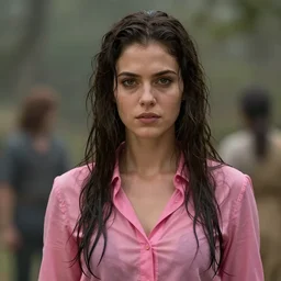 an beautiful female survivor wearing a pink shirt, goddess, wet flowing hair, blurry backround, artstation, matte painting, made by greg rutkowski, concept art, epic portrait, 8 k, insanely detailed,