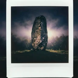 a massive monolith in a forest clearing reaching into the fog, night, old polaroid, expired film, megalophobia,