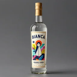 bottle of bianca vodka, award winning label design, label design, bottle design, spirits category, full length, behance trending, pinterest, illustration, drawingd, main market, colourful, liqueur, octane render, 8 k,