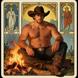 a handsome, rugged, shirtless man in a cowboy hat with a stocky build and beer belly sits next to a campfire | homoerotic art | art nouveau, art deco, tarot! card | symmetrical! | trending on artstation