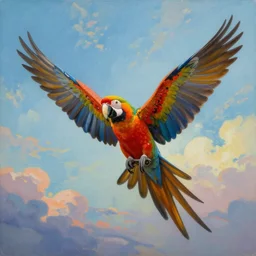 a beautiful realistic painting of a parrot spreading its wings and soaring to the sky, symetrical, vibrant colors, ayahuasca, visionary art style