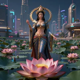 Beautiful 3d render of the flower queen goddess near a pond full of lotus, atmospheric lighting, painted, intricate, volumetric lighting, beautiful, rich deep colours masterpiece, sharp focus, ultra detailed, in the art style of Dan Mumford and marc simonetti, with a clear crowded futuristic cyberpunk dubai city in the background, astrophotography