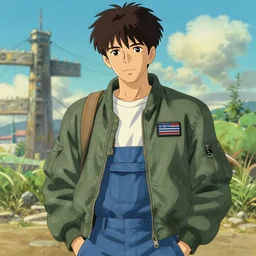 a handsome young man! model, wearing ma - 1 flight suit jacket and overalls, trending on pixiv fanbox, painted by greg rutkowski makoto shinkai takashi takeuchi studio ghibli, akihiko yoshida