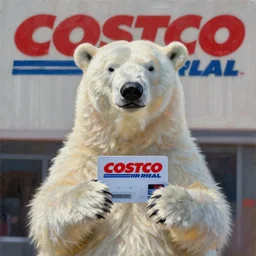 polar bear without skin or eyes holding costco membership card. oil painting, digital art, illustration, wide angle, hyper detailed, cinematic, 4k, concept art