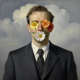 portrait of man in a suit with flowers hiding his face by rene magritte and clouds in the background, detailed painting, hd, hq, high resolution, high detail, 4 k, 8 k