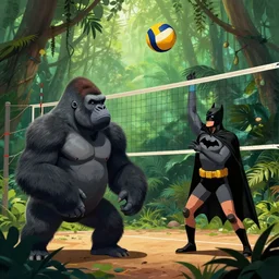 gorilla and batman playing volleyball in a jungle with a volleyball, volleyball net, digital illustration, inspired by greg rutkowski and artgerm, high detail
